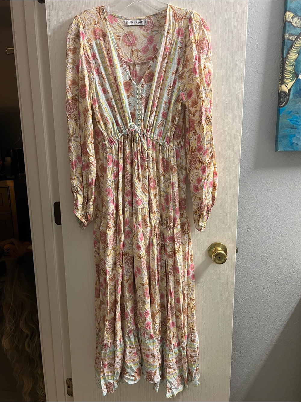 Floral Tie-Waist Maxi Dress in Cream & Pink